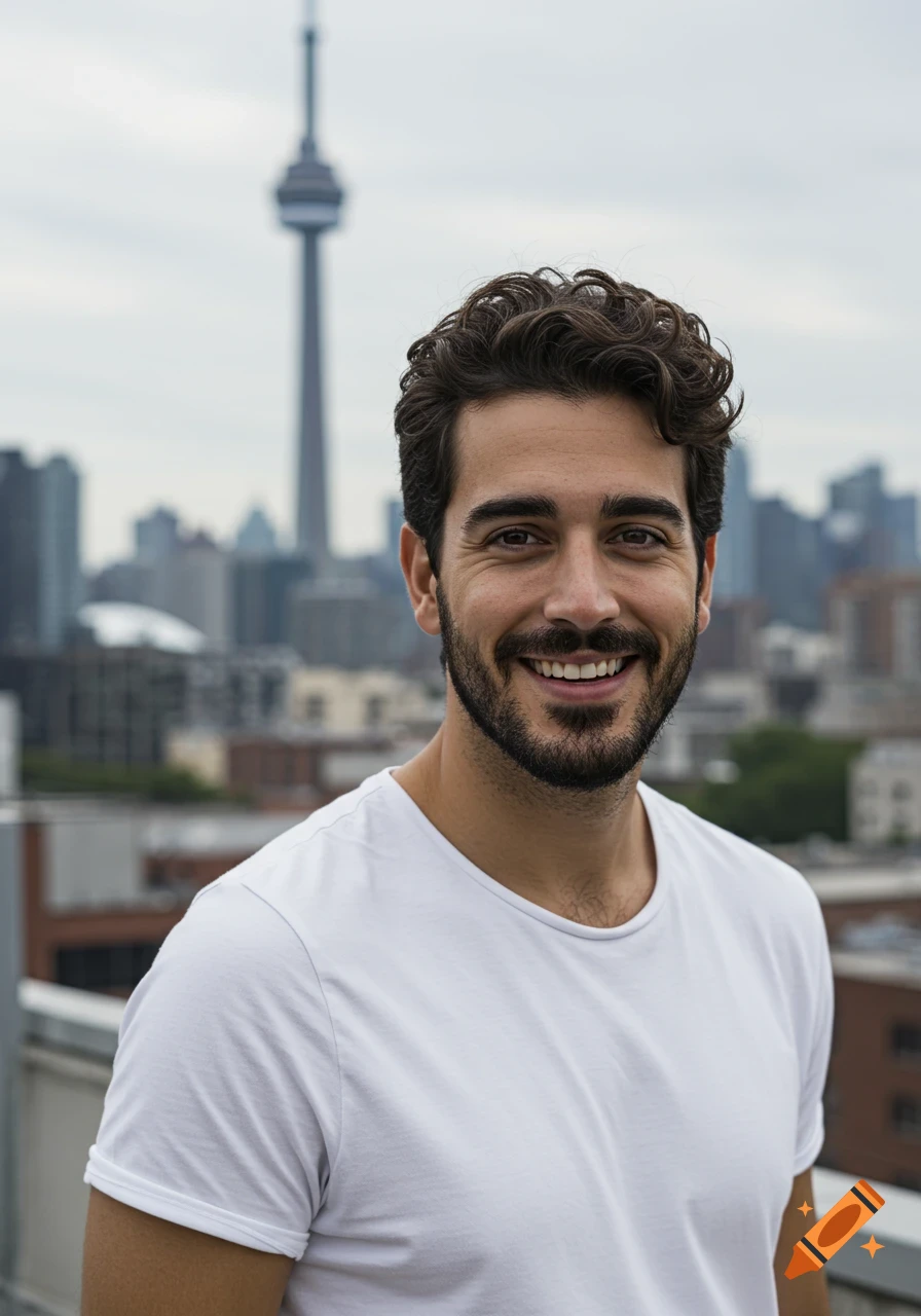 A smiling, handsome man with dark wavy hair and a beard, wearing a white t-shirt, on a rooftop with a blurred city and the CN Tower in the background.