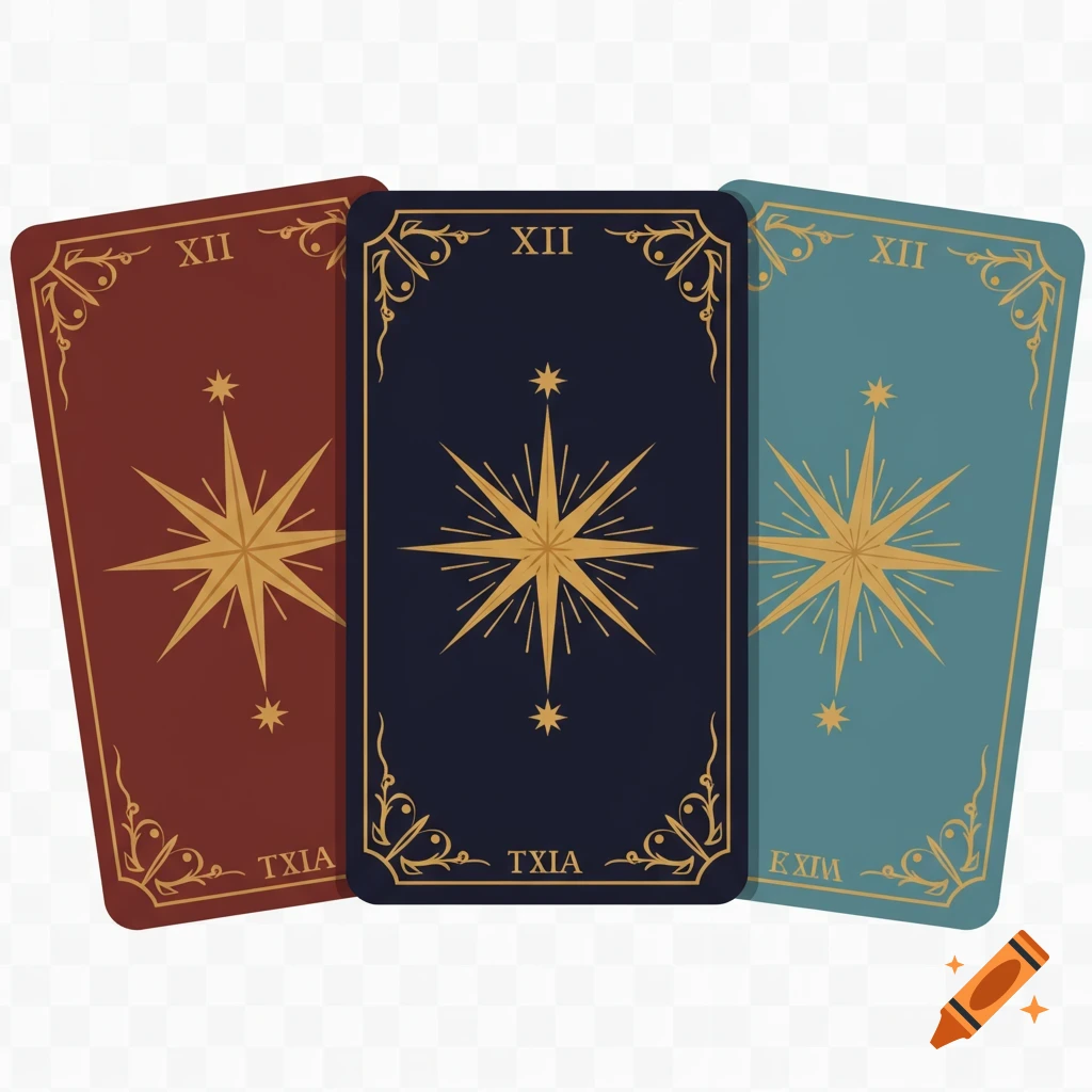 Three tarot cards in red, blue, and teal, featuring a central gold star design, decorative borders, and text, on a transparent background.