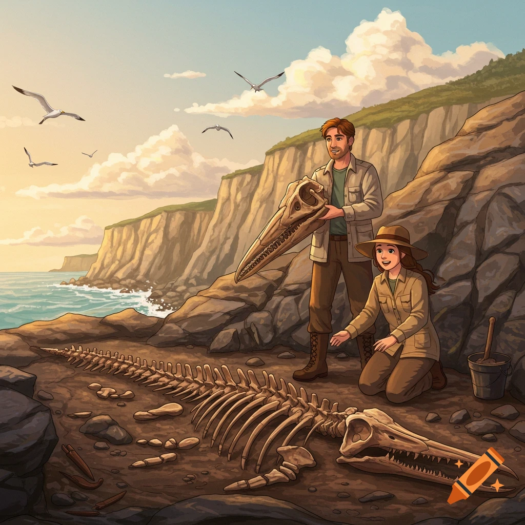 Two paleontologists discover a large marine reptile fossil skeleton on a rocky beach with cliffs and ocean in a cartoon style.