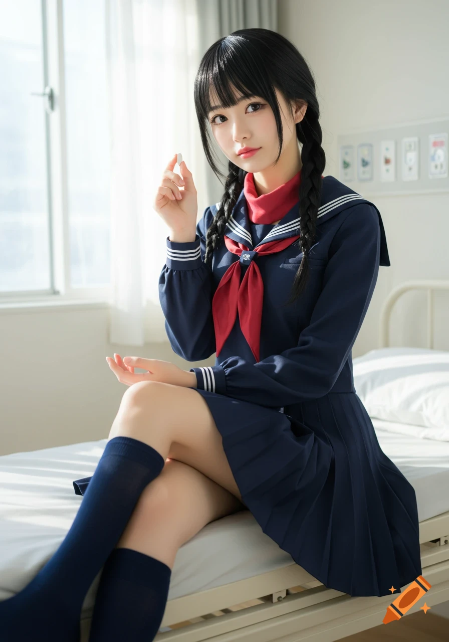A young woman in a dark blue sailor uniform with a red scarf sits on a hospital bed, holding a white pill. She has black braided pigtails and a gentle expression.