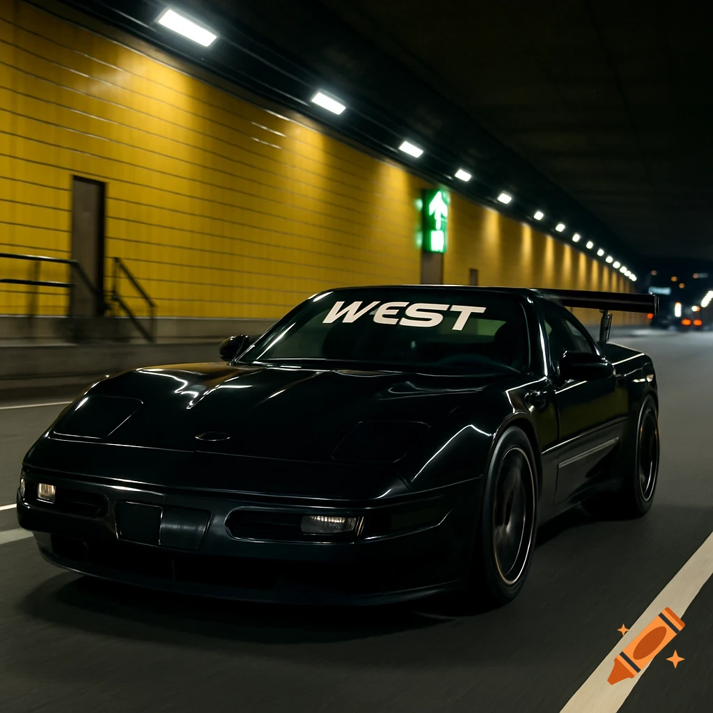 A black customized 1994 Chevrolet Corvette C4 with 'WEST' on the windshield speeds through a yellow-tiled tunnel, photorealistic.