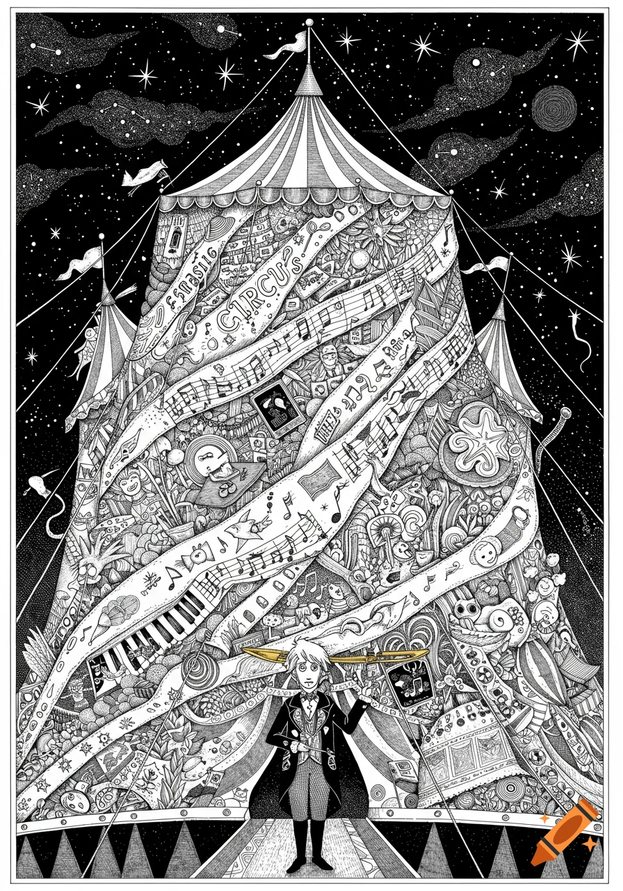 Black and white fineliner drawing of a surreal circus tent woven with stars, musical notes, and a director.