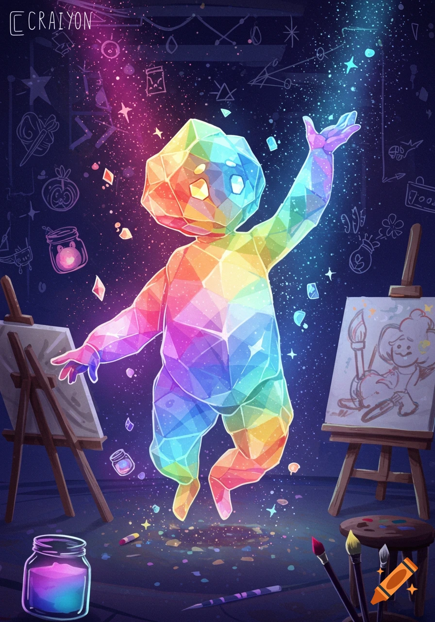 A vibrant, geometric, rainbow-colored crystalline character floats in an art studio, surrounded by glowing dust and sketches.