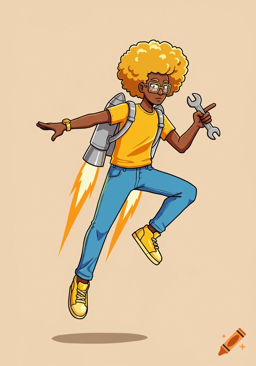 A cartoon person with a large golden afro, glasses, and a jetpack, floats in the air holding a wrench.