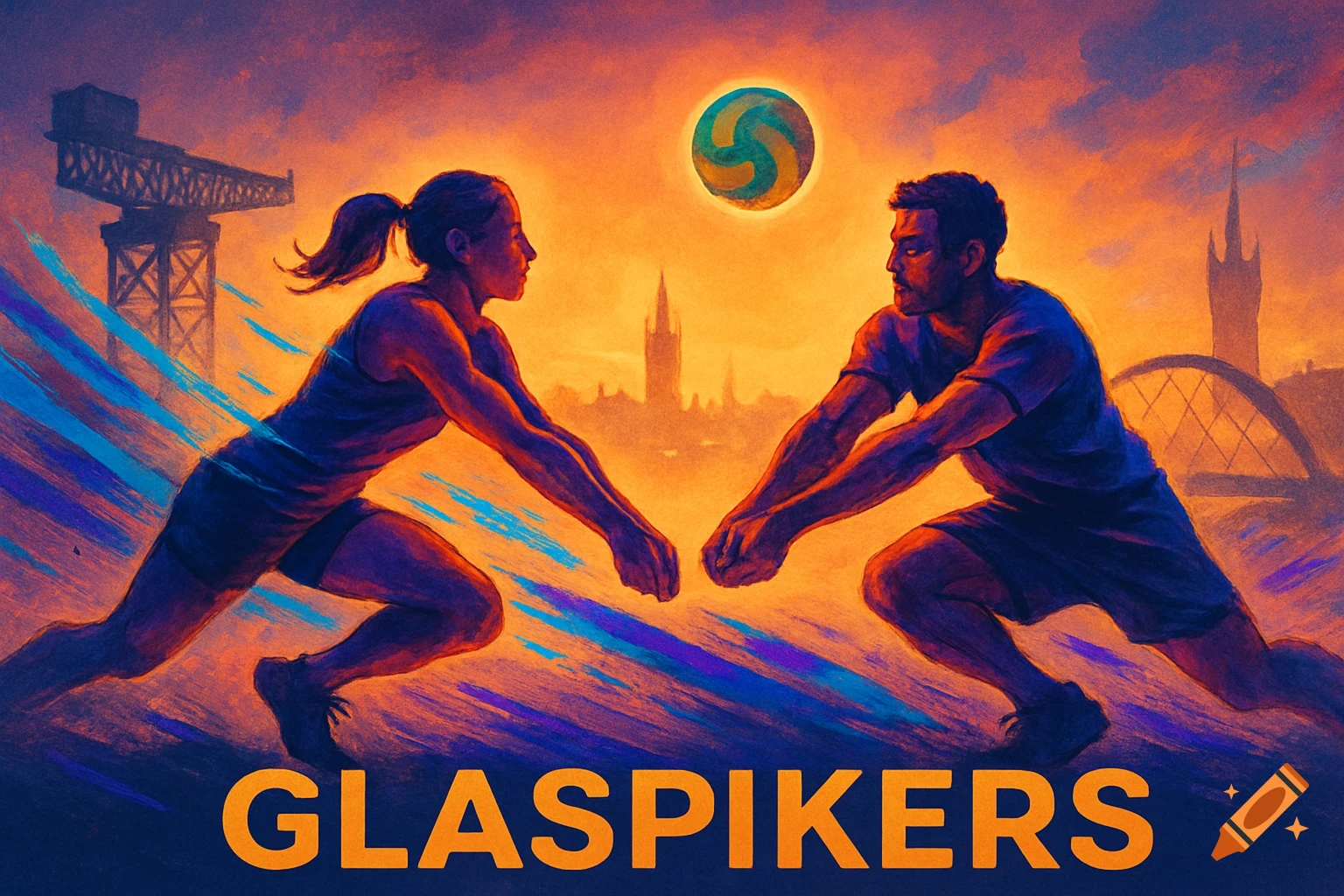 Stylized illustration of a female and male volleyball player in action under an orange sky, with city landmarks and 'GLASPIKERS' text.