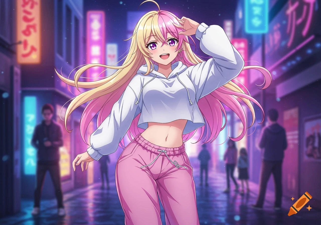 Anime girl with blonde and pink hair in a white crop top and pink sweatpants smiles on a neon-lit city street at night.