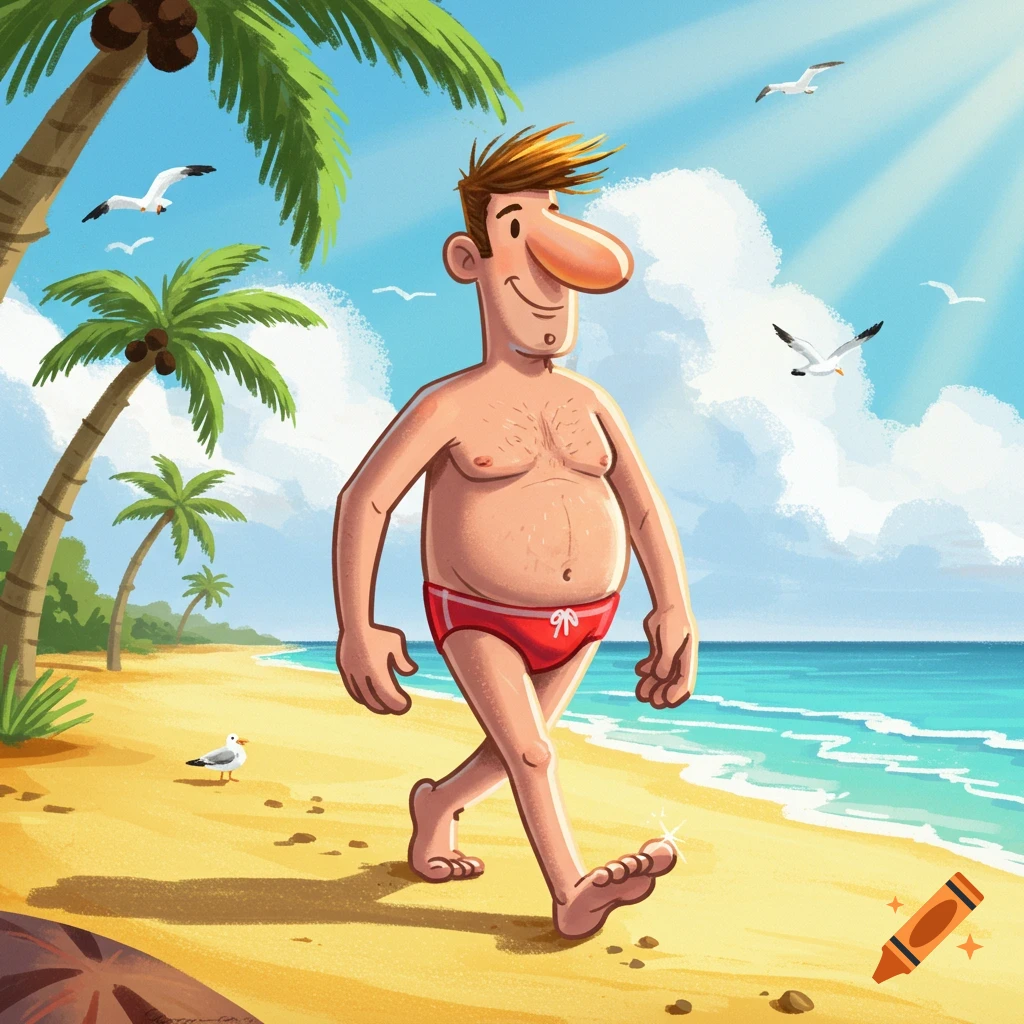 A cartoonish man in a red speedo walks barefoot on a sunny tropical beach with palm trees and seagulls.