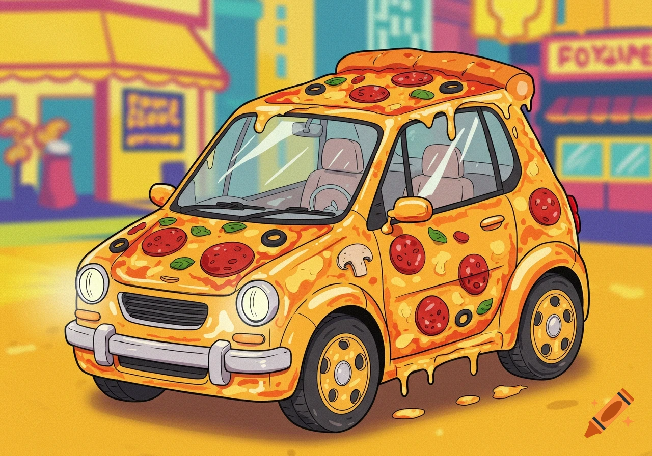 A bright, cartoon-style car resembling a pepperoni pizza, parked on a street with blurred buildings in the background.