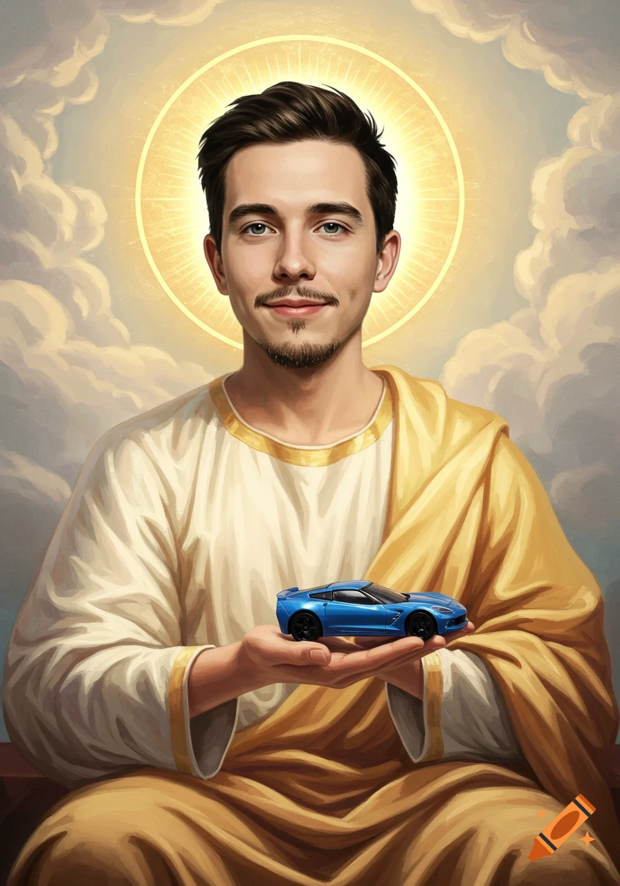 A man in Renaissance-style robes with a halo holds a miniature blue Chevrolet Corvette, depicted as an oil painting.