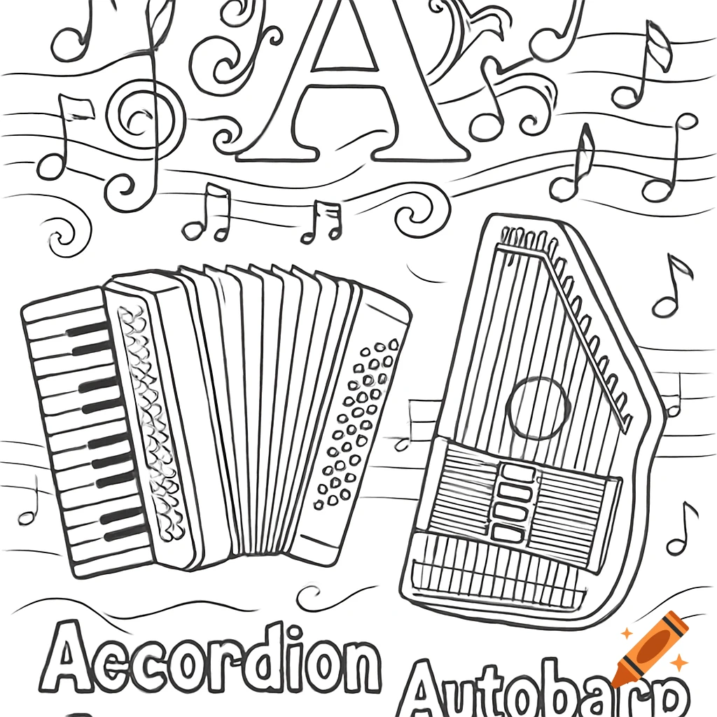 Black and white line art coloring page with a large letter A, an accordion, an autoharp, and musical notes.