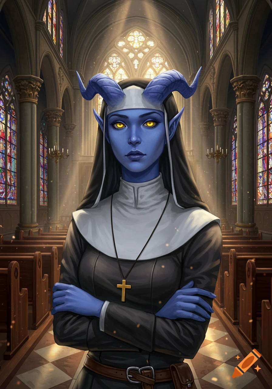 Blue-skinned tiefling woman in a nun's habit with yellow eyes, standing in a church. Digital art fantasy portrait.