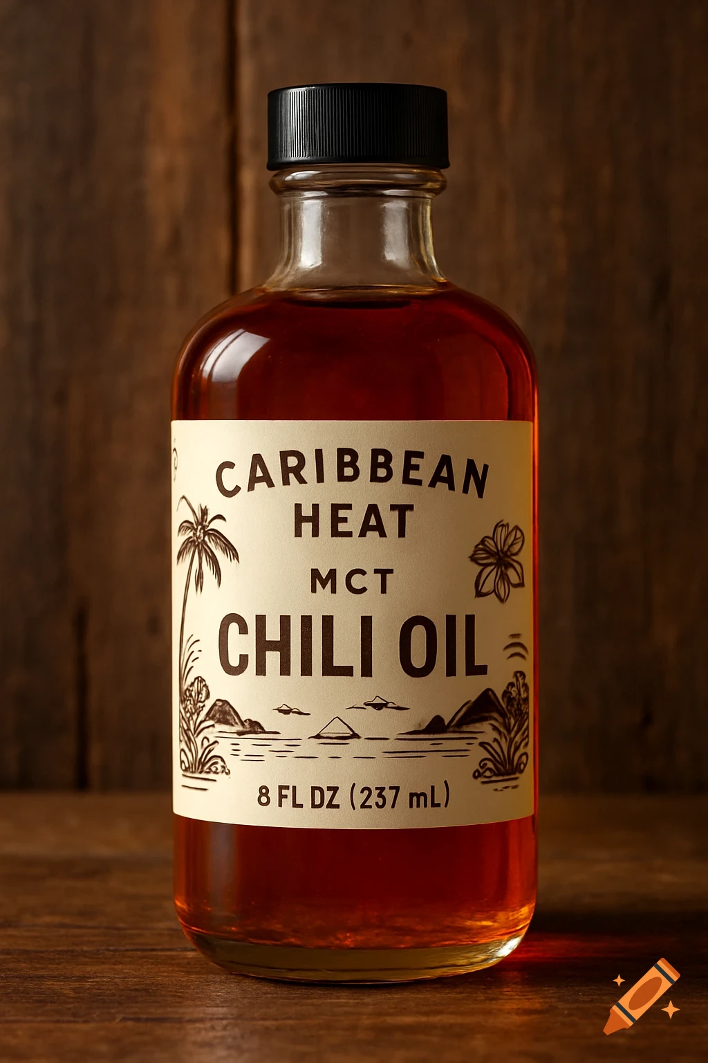 Photorealistic glass bottle of Caribbean Heat MCT Chili Oil with golden-red liquid, tropical island accents on label, on a rustic wooden background.