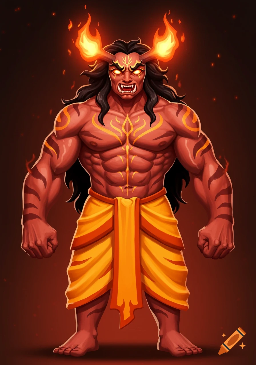 A muscular, red-skinned man with fiery horns, glowing eyes, and sharp teeth, adorned with tiger stripes and a yellow dhoti, stands powerfully.