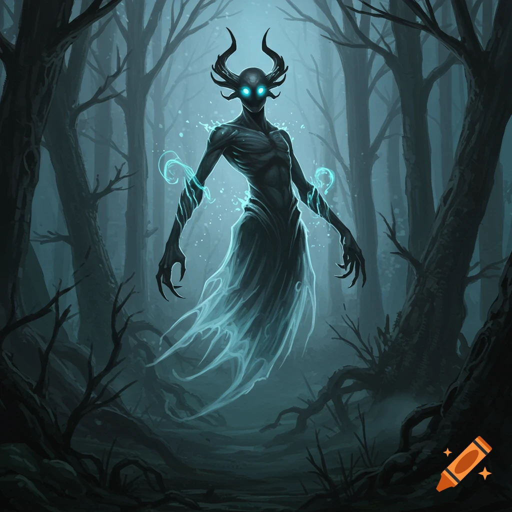 A spectral, horned creature with glowing blue eyes stands in a dark, misty forest, digital painting.