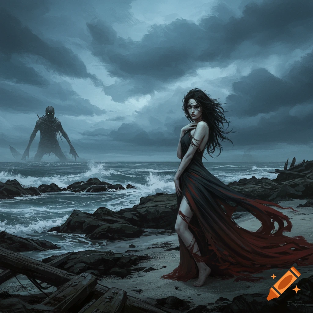 A woman in a tattered dress on a dark, stormy beach with a monster in the distant ocean, in a moody painting.