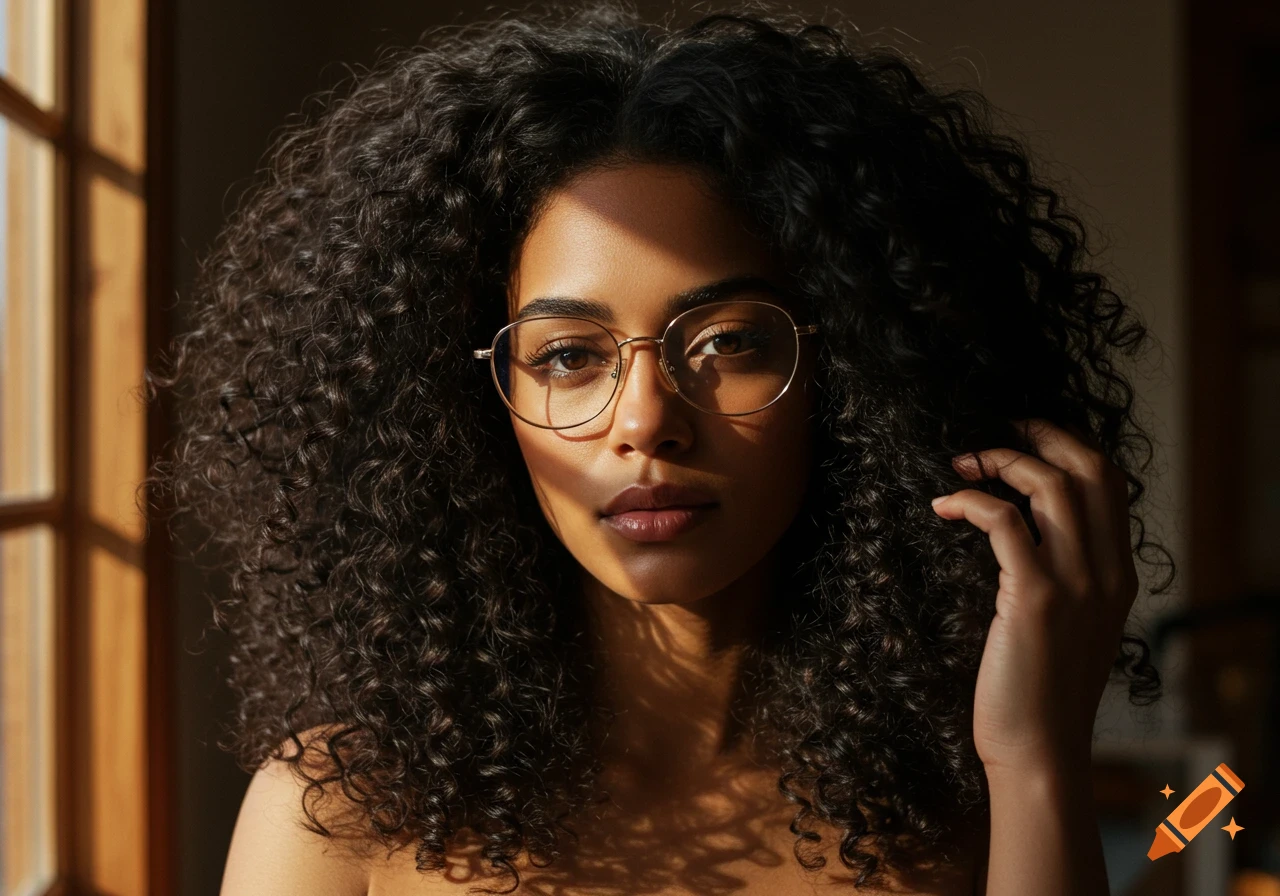 Close-up photorealistic portrait of a woman with dark curly hair and round glasses, illuminated by sunlight from a window.