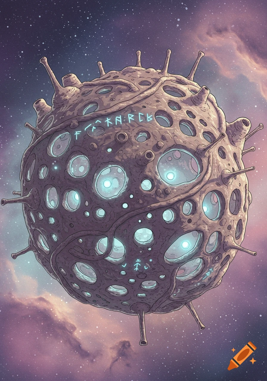 A Studio Ghibli style illustration of a bio-organic, sponge-like starship with glowing holes and runes, floating in a cosmic sky.