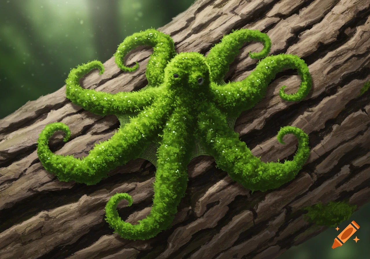 A vibrant green octopus-shaped moss patch with tiny white flowers rests on rough brown tree bark.