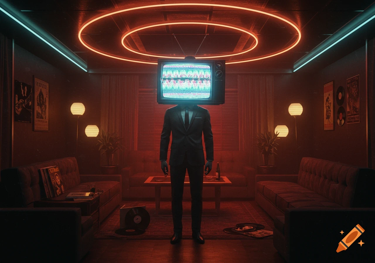 A man in a suit with a static-filled TV for a head stands in a dimly lit, retro-futuristic room with neon lights and vinyl records.