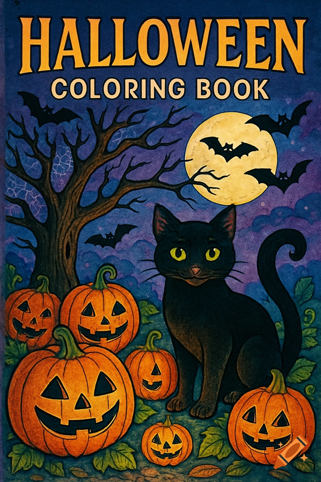 A Halloween coloring book cover with a black cat, jack-o'-lanterns, bats, and a full moon under 'HALLOWEEN COLORING BOOK' text.