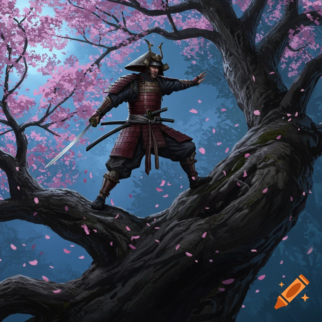 A samurai in full armor balances on a dark, gnarled tree branch under pink cherry blossoms, holding a katana.