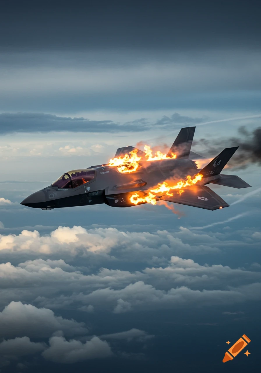Photorealistic F-35 fighter jet on fire, trailing smoke, flying through a cloudy sky.