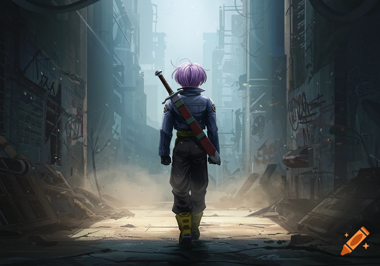 Anime character Trunks from Dragon Ball Z with a sword on his back walks through a destroyed, hazy city.