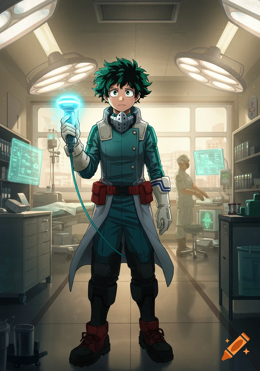 Anime character Deku in a medical setting, holding a glowing blue device like a microphone, with a doctor in the background.
