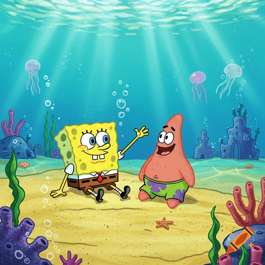 Cartoon Spongebob sits waving next to Patrick, who stands smiling in an underwater scene with coral and jellyfish.