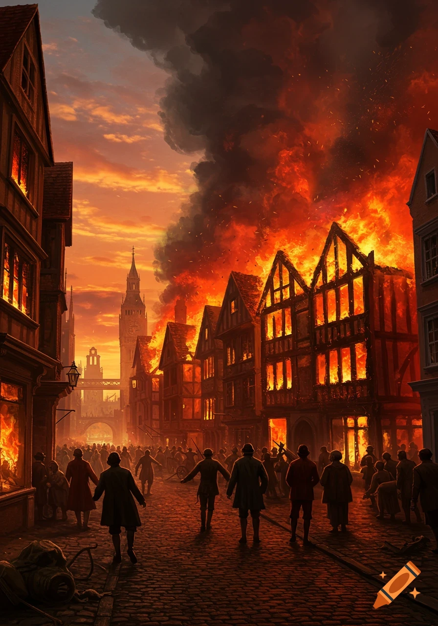 An old city street engulfed in a massive fire, with buildings burning fiercely and people below a prominent clock tower at sunset. Illustration.