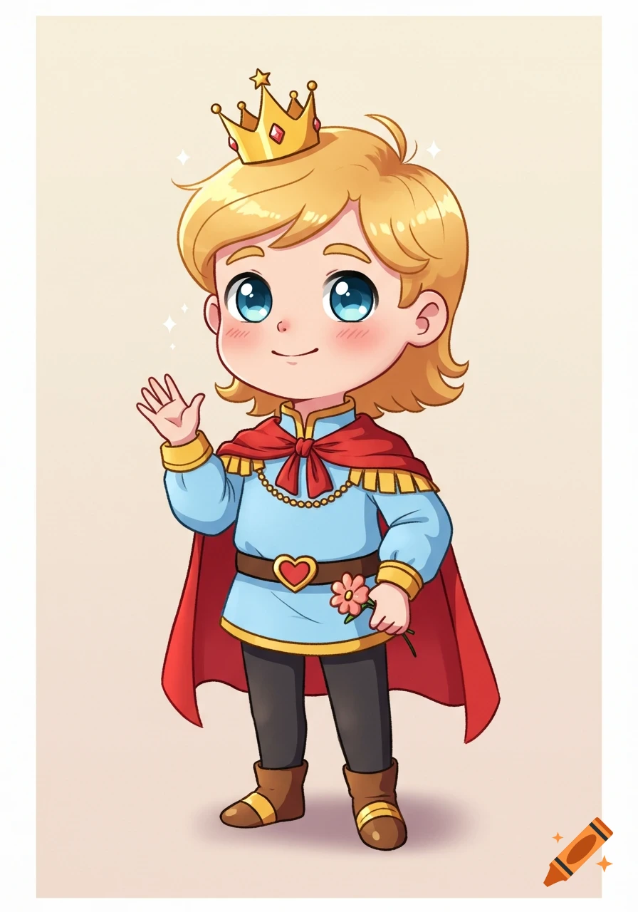 A cute cartoon prince with blonde hair and a gold crown, wearing a blue tunic and red cape, waving and holding a pink flower.