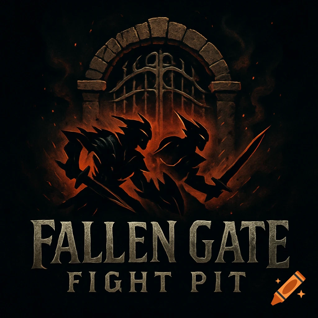 Dark fantasy logo with two armored figures holding swords, silhouetted against a fiery gate, with the text 'FALLEN GATE FIGHT PIT'.