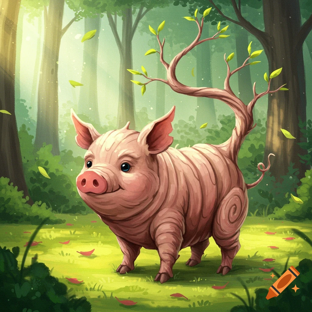 Whimsical illustration of a pig-twig creature with a leafy branch tail, smiling in a sunny forest.