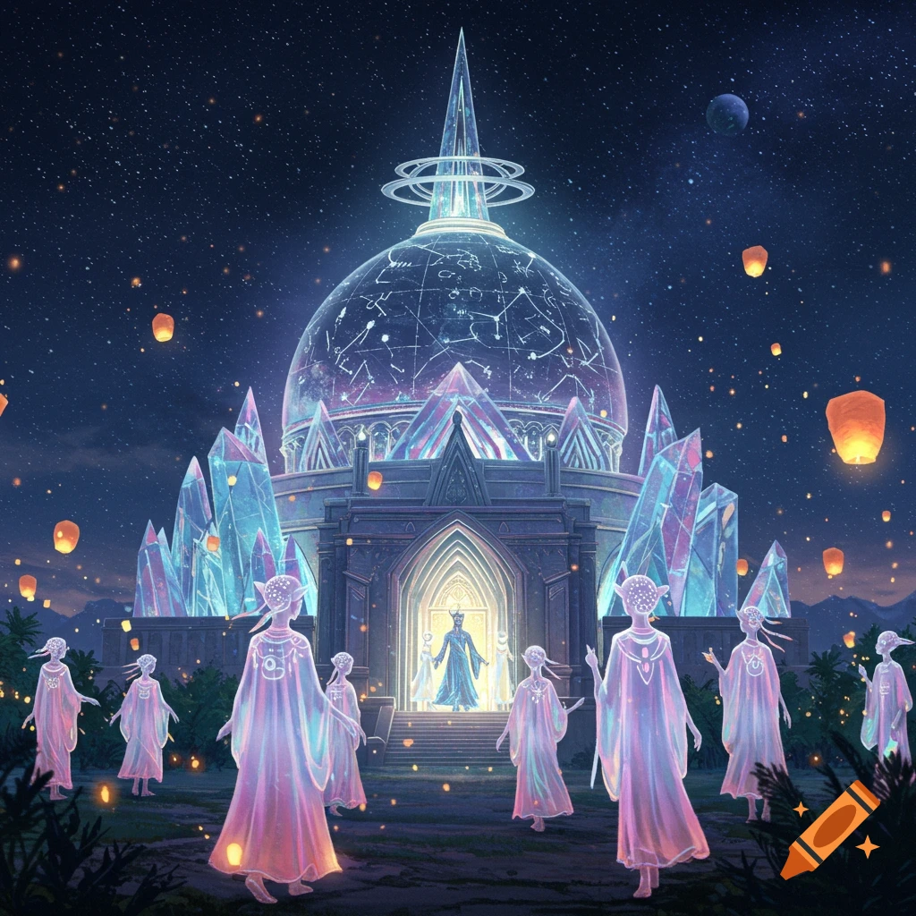 A luminous crystal temple under a starry night sky, with a dome carved with constellations. Ethereal alien figures in flowing robes walk towards the entrance, as glowing lanterns float around them.
