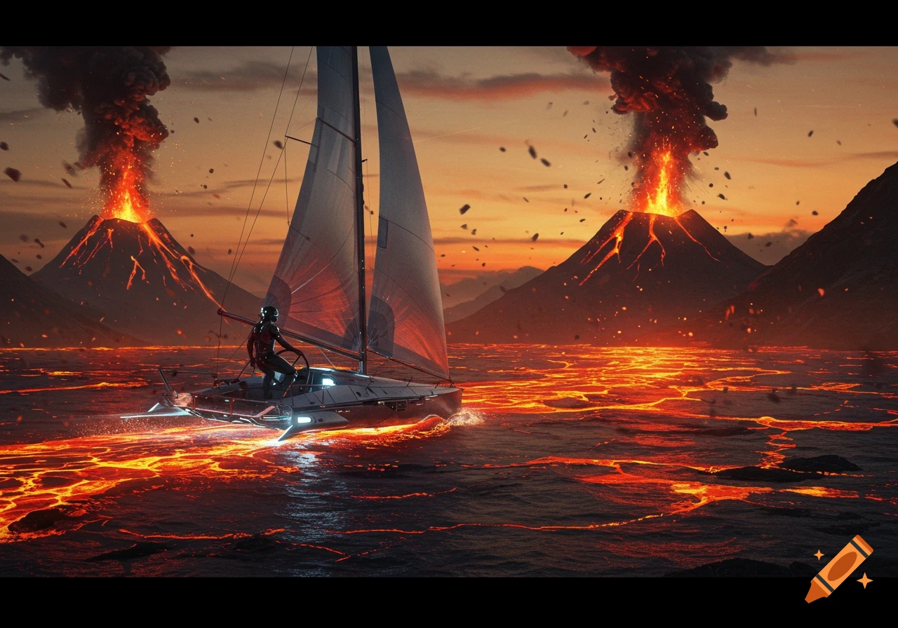 A futuristic figure sails a high-tech boat across a sea of glowing lava, with two erupting volcanoes under an orange sky.