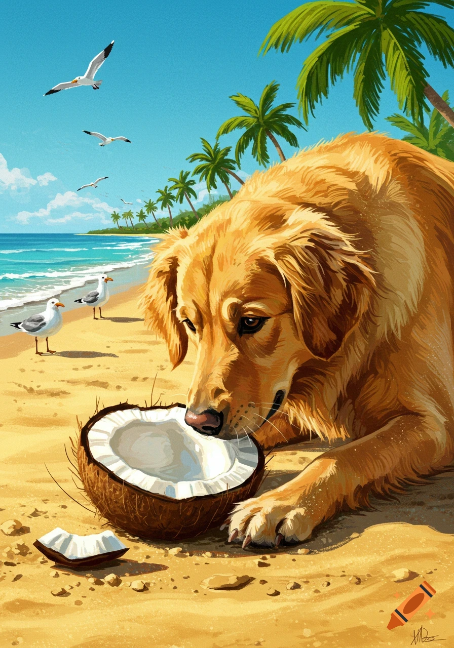 An illustrated golden retriever dog sniffs a broken coconut on a sandy tropical beach with palm trees and seagulls.