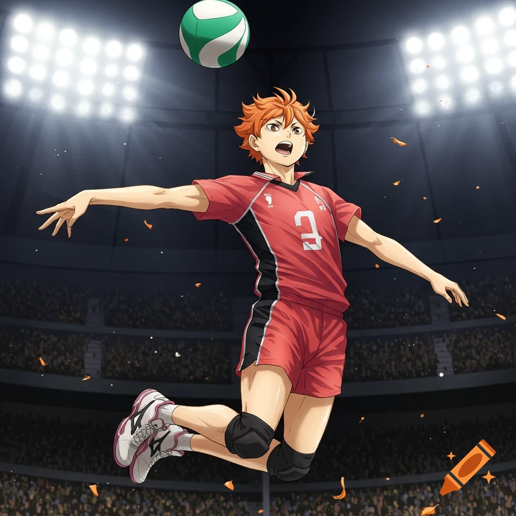 An anime boy with orange hair jumps to spike a green and white volleyball in a brightly lit stadium.