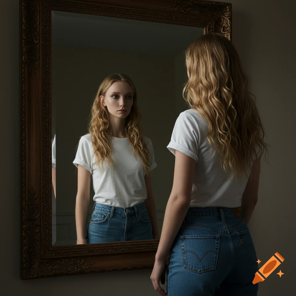 Photorealistic image of a woman in a white t-shirt and jeans looking at her reflection in a mirror. Her reflection has no mouth or nose.
