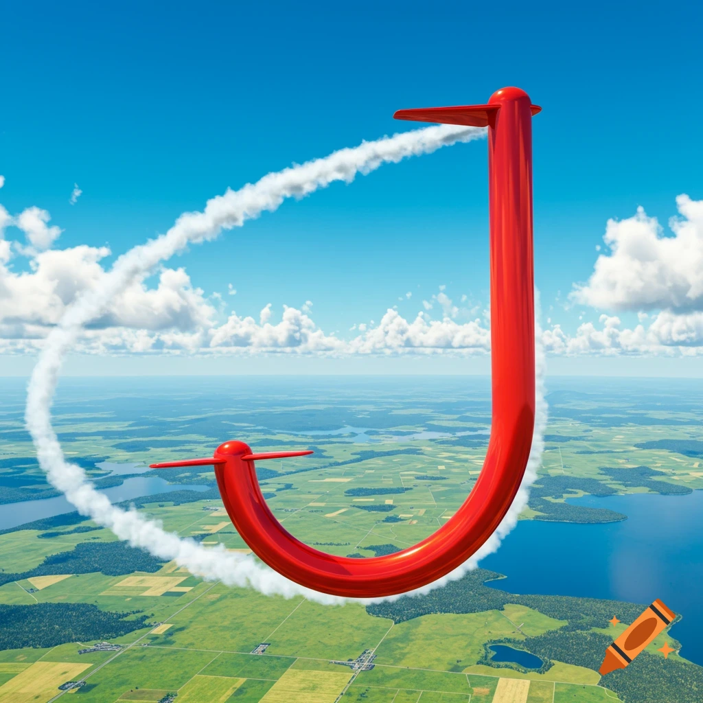 A bright red jet plane, shaped as the letter J, flies high over a green and blue landscape, leaving a white contrail in a sunny sky.