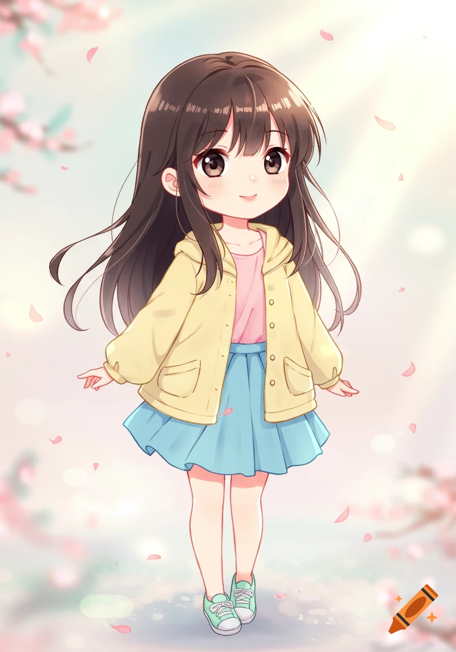 Cute anime girl with long dark hair in a pastel outfit, smiling amidst falling cherry blossoms.