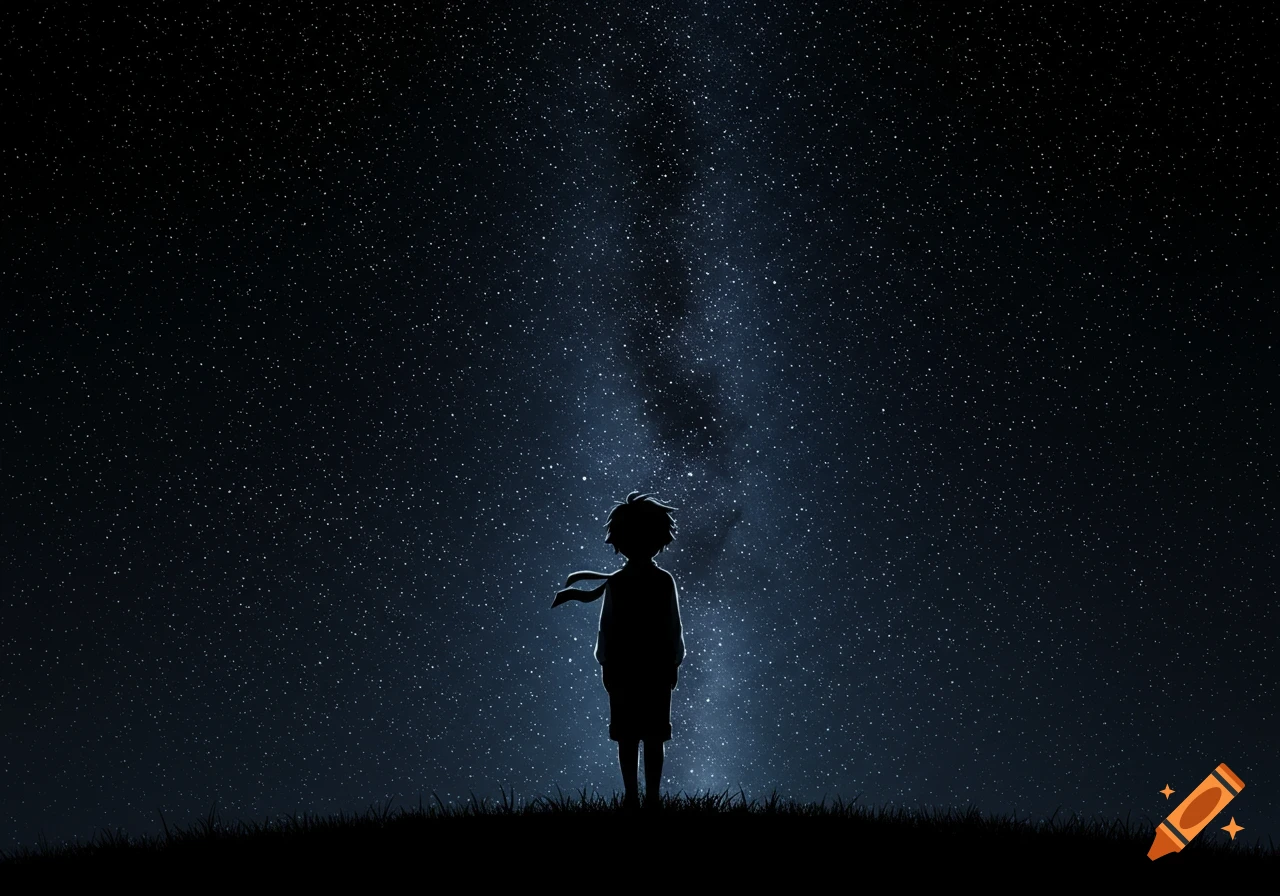 Anime-style silhouette of a boy standing on a hill, gazing up at a starry night sky with the Milky Way.