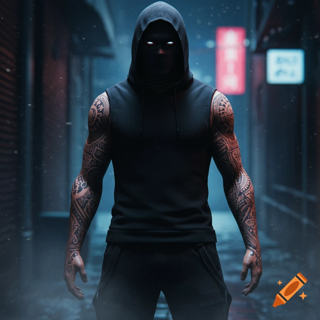 A mysterious hooded figure with glowing white eyes and heavily tattooed arms stands in a dark, rainy urban alleyway with neon signs in the background. The figure wears a black sleeveless hoodie and black pants.