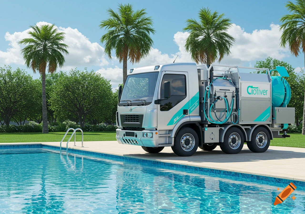 A specialized Crotiver utility truck, white and teal, is parked on a paved area next to a bright blue swimming pool. Palm trees and green foliage are in the background under a blue sky.