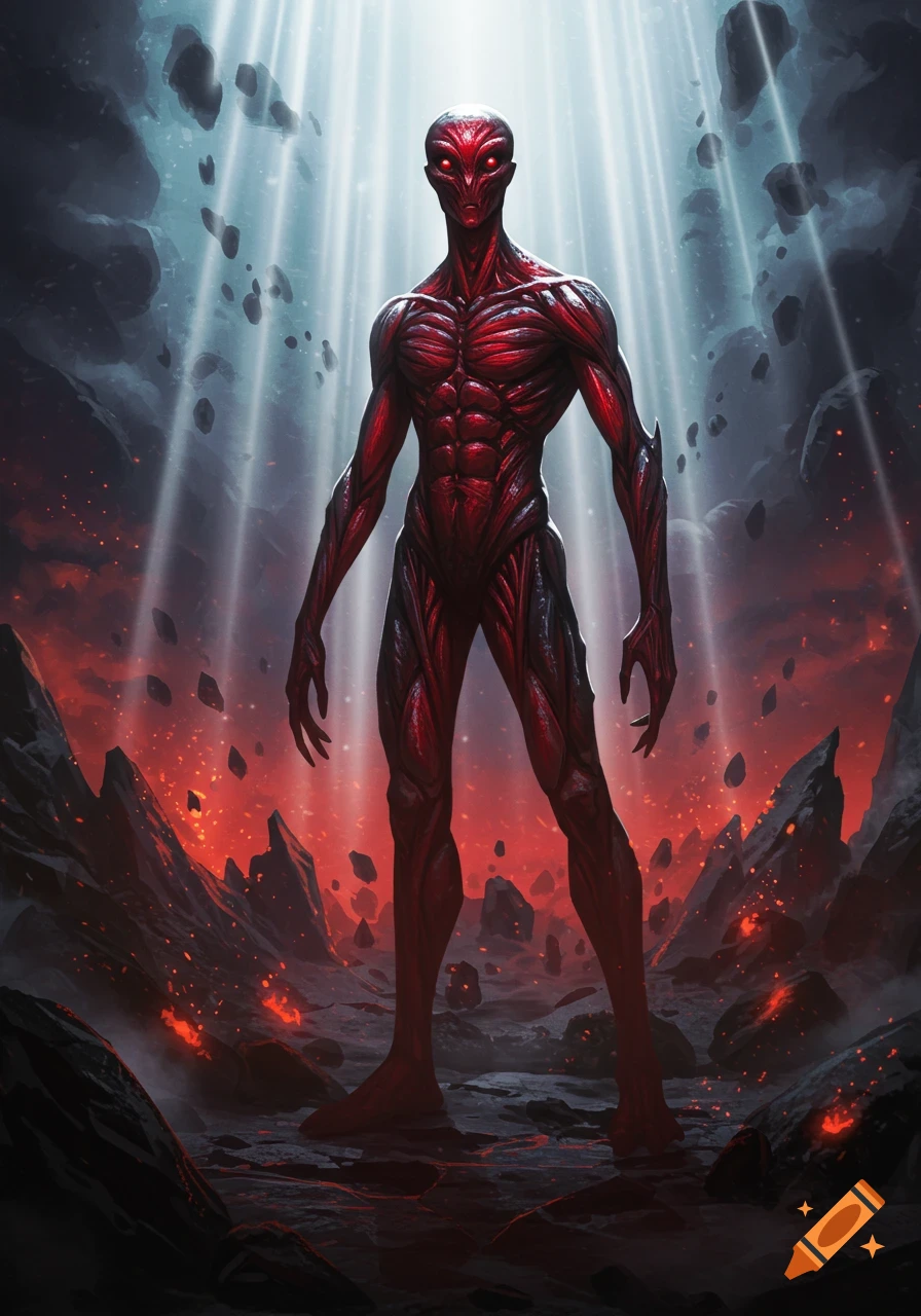 A tall, muscular red alien with glowing eyes stands in a desolate, fiery landscape under beams of light from above.