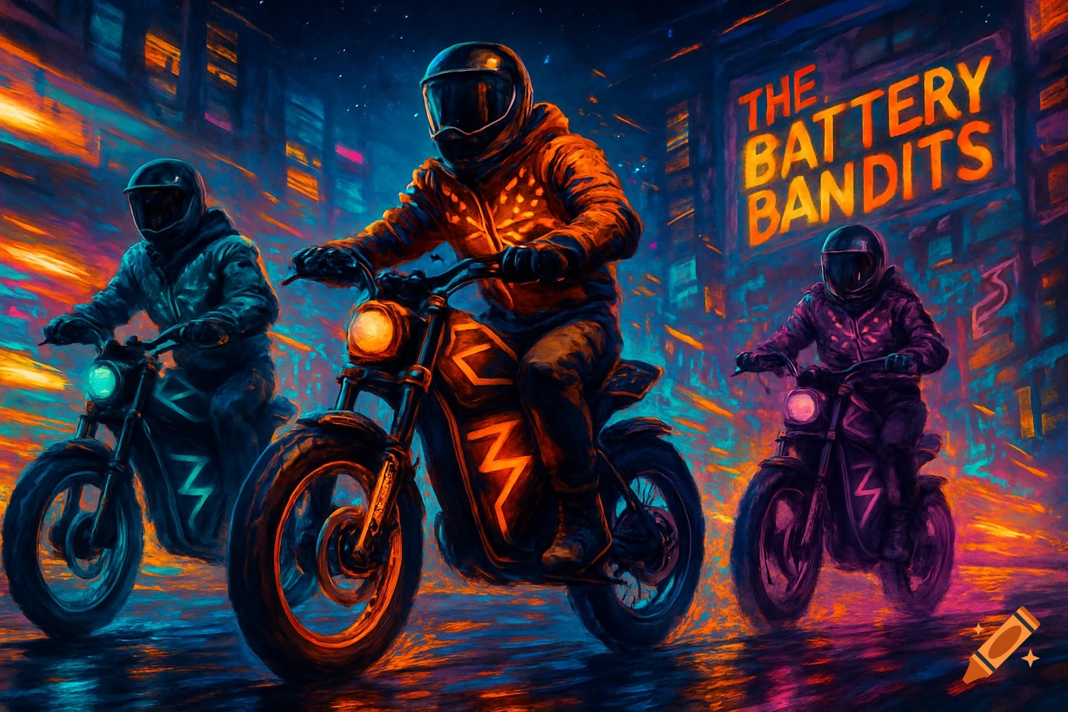 Three helmeted riders on electric motorcycles speed through a neon-lit city at night, under a 'BATTERY BANDITS' sign. Digital art.