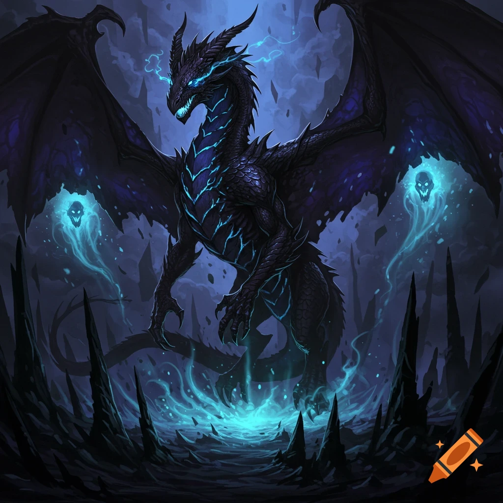 A black dragon with glowing blue eyes and electric blue markings stands amidst blue energy and floating skull wisps in a dark, rocky cavern.