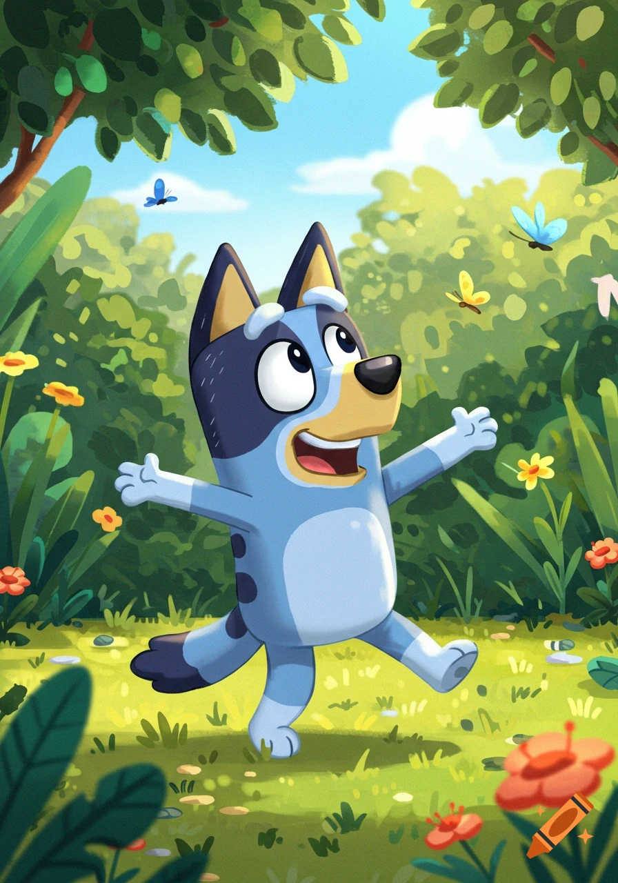 Bluey, a blue cartoon dog, dances happily in a lush green garden filled with flowers and butterflies, under a bright blue sky.