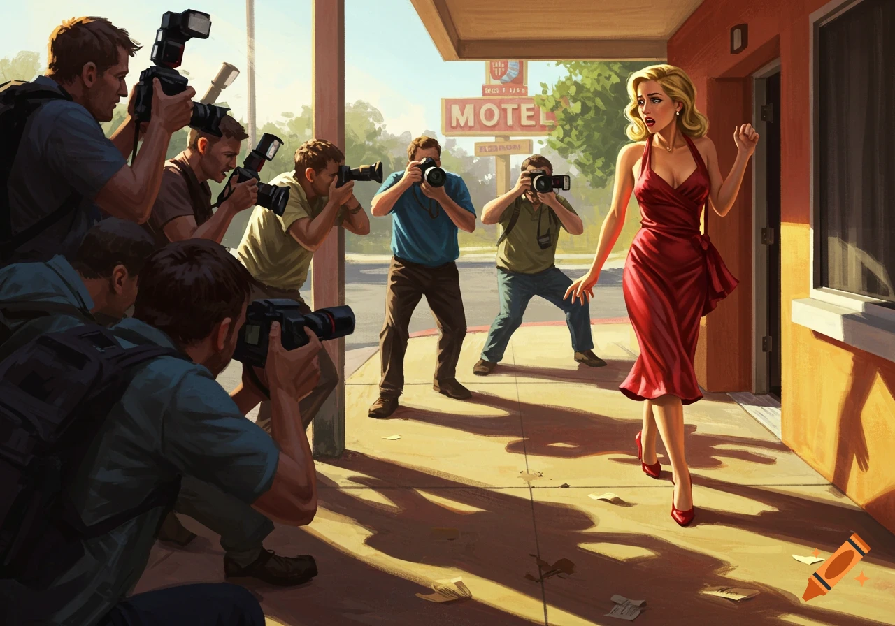 A distressed woman in a red dress rushes from a motel, surrounded by paparazzi with cameras. Illustration.