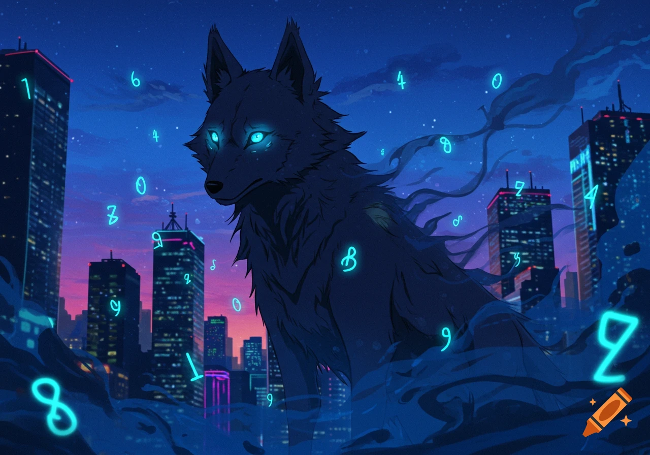 A stylized, dark wolf-like creature with glowing blue eyes sits in an urban cityscape at night. Glowing blue numbers and symbols float around it and are visible on the buildings.