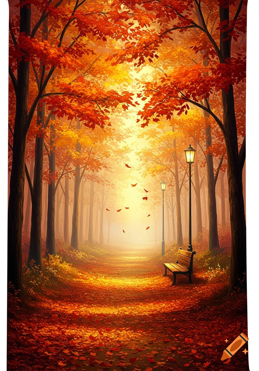 A vibrant digital painting of an autumn forest path with golden sunlight, orange trees, fallen leaves, and two lampposts.